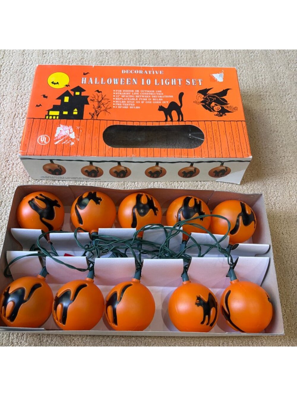 Vintage Black Cat Halloween Light Set 10 Lights Jasco Orange Globe Box NEW